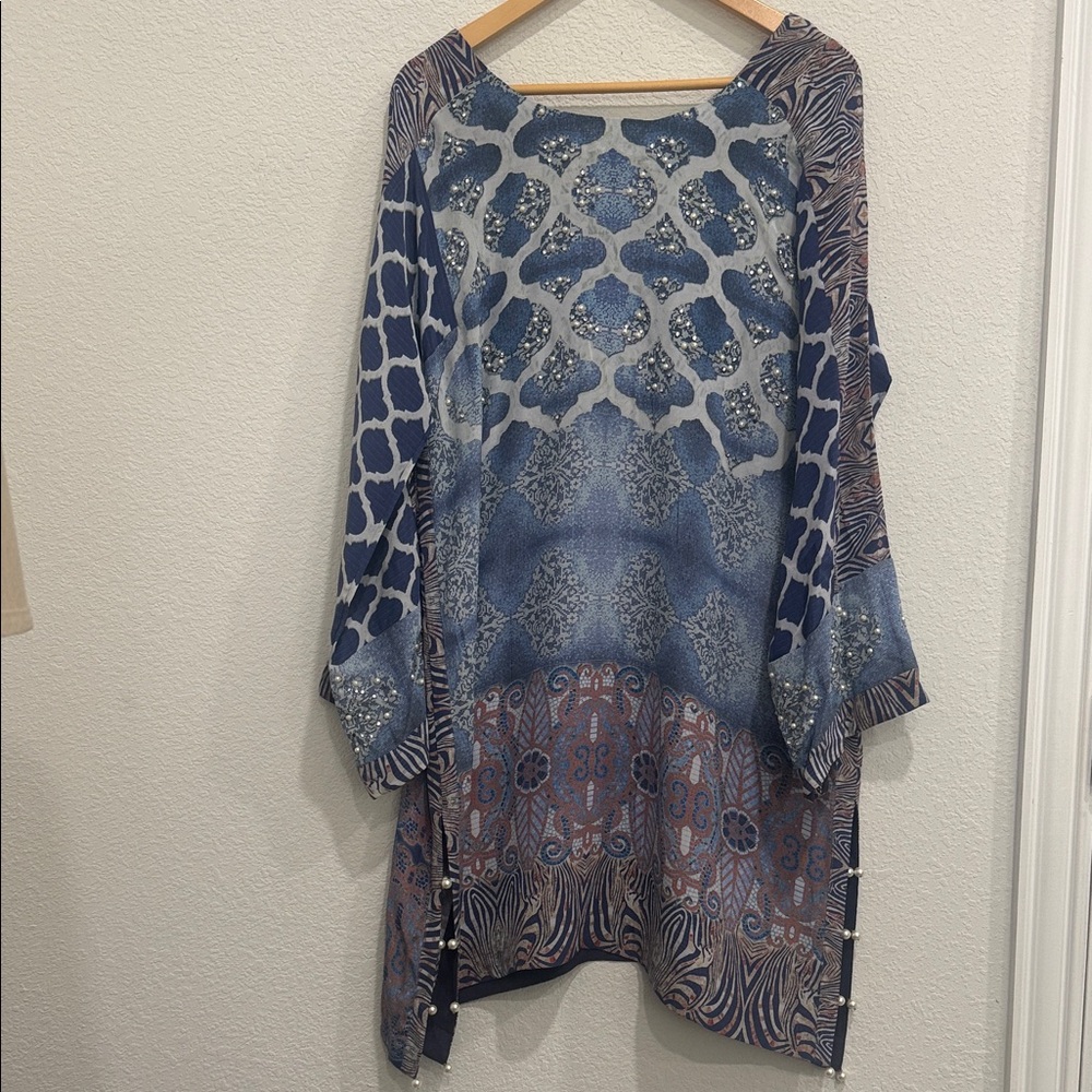 Elegant Blue Patterned Midi Dress/Shirt